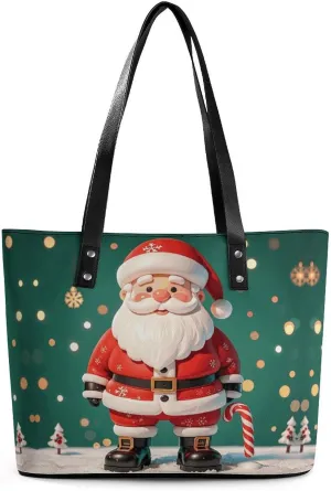 Leather Lady's Handbag Father Christmas Print Leather Tote Bags For Women Trendy Ladies Shoulder Bag for Work, Travel, Casual Use