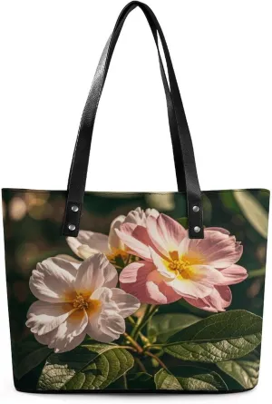 Leather Lady's Handbag Flowers And Leaves Print Leather Tote Bags For Women Trendy Ladies Shoulder Bag for Work, Travel, Casual Use
