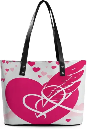 Leather Lady's Handbag Flying Heart Pattern Print Leather Tote Bags For Women Trendy Ladies Shoulder Bag for Work, Travel, Casual Use