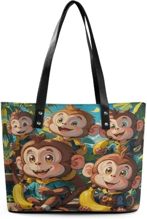 Leather Lady's Handbag Funny Monkey Print Leather Tote Bags For Women Trendy Ladies Shoulder Bag for Work, Travel, Casual Use