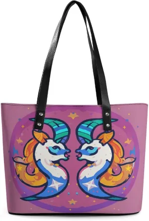 Leather Lady's Handbag Gemini Print Leather Tote Bags For Women Trendy Ladies Shoulder Bag for Work, Travel, Casual Use