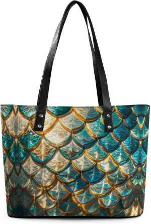 Leather Lady's Handbag Glittering Fish Scales Print Leather Tote Bags For Women Trendy Ladies Shoulder Bag for Work, Travel, Casual Use