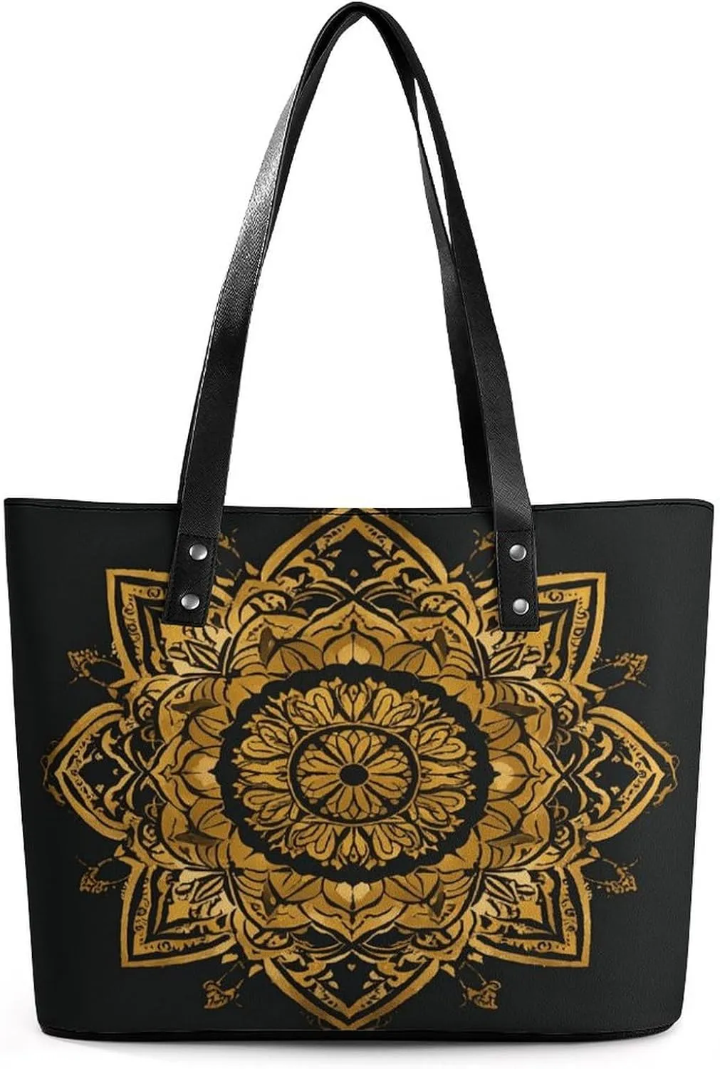 Leather Lady's Handbag Gold Lotus Print Leather Tote Bags For Women Trendy Ladies Shoulder Bag for Work, Travel, Casual Use