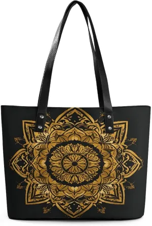 Leather Lady's Handbag Gold Lotus Print Leather Tote Bags For Women Trendy Ladies Shoulder Bag for Work, Travel, Casual Use