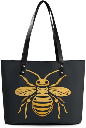 Leather Lady's Handbag Golden Bee Insect Print Leather Tote Bags For Women Trendy Ladies Shoulder Bag for Work, Travel, Casual Use
