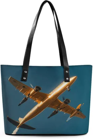 Leather Lady's Handbag Golden Daylight Aircraft Print Leather Tote Bags For Women Trendy Ladies Shoulder Bag for Work, Travel, Casual Use