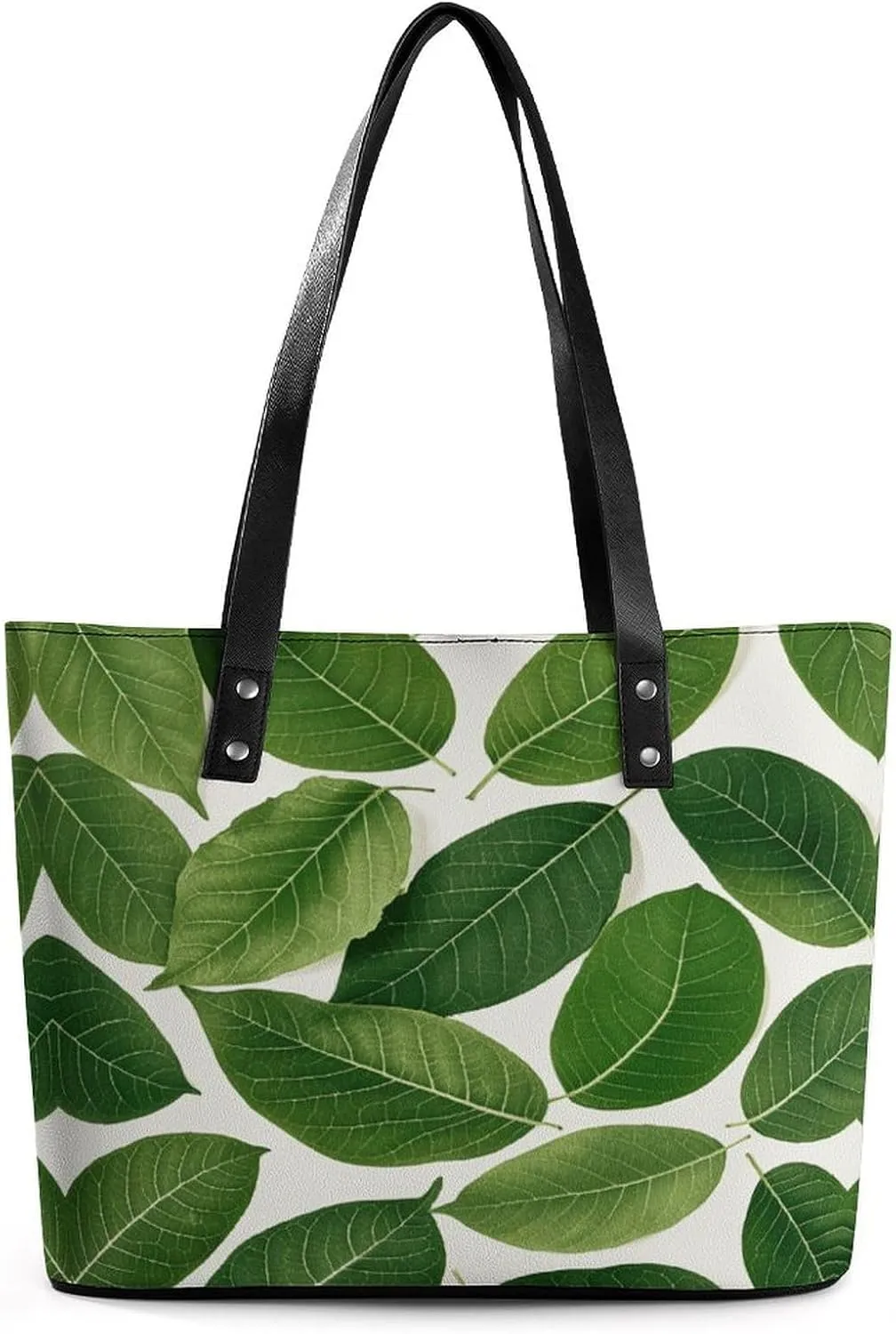 Leather Lady's Handbag Green Leaf Texture Print Leather Tote Bags For Women Trendy Ladies Shoulder Bag for Work, Travel, Casual Use