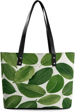Leather Lady's Handbag Green Leaf Texture Print Leather Tote Bags For Women Trendy Ladies Shoulder Bag for Work, Travel, Casual Use