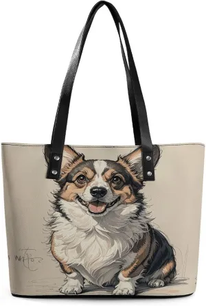 Leather Lady's Handbag Hand Drawn Sketch Corgi Print Leather Tote Bags For Women Trendy Ladies Shoulder Bag for Work, Travel, Casual Use