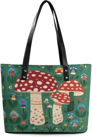 Leather Lady's Handbag Hippie Mushroom Print Leather Tote Bags For Women Trendy Ladies Shoulder Bag for Work, Travel, Casual Use
