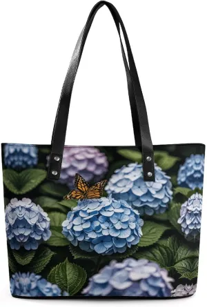 Leather Lady's Handbag Hydrangea Print Leather Tote Bags For Women Trendy Ladies Shoulder Bag for Work, Travel, Casual Use