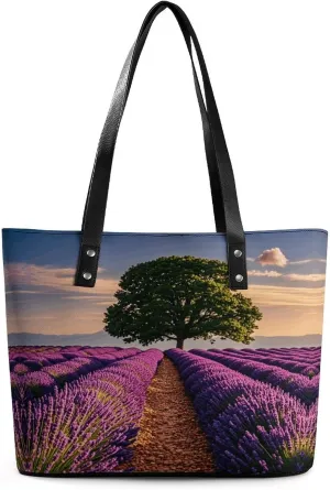 Leather Lady's Handbag Lavender Fields And Trees Print Leather Tote Bags For Women Trendy Ladies Shoulder Bag for Work, Travel, Casual Use
