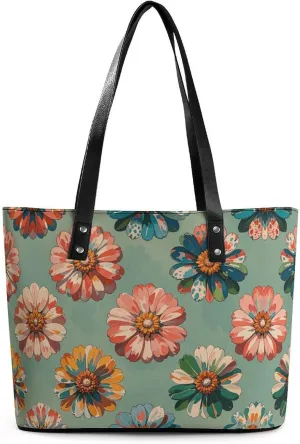 Leather Lady's Handbag Lightweight Floral Print Leather Tote Bags For Women Trendy Ladies Shoulder Bag for Work, Travel, Casual Use