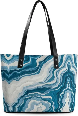 Leather Lady's Handbag Marble Flower Print Leather Tote Bags For Women Trendy Ladies Shoulder Bag for Work, Travel, Casual Use