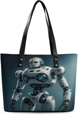 Leather Lady's Handbag Mechanical Person Print Leather Tote Bags For Women Trendy Ladies Shoulder Bag for Work, Travel, Casual Use