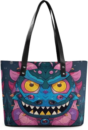 Leather Lady's Handbag Monster Eyes Print Leather Tote Bags For Women Trendy Ladies Shoulder Bag for Work, Travel, Casual Use