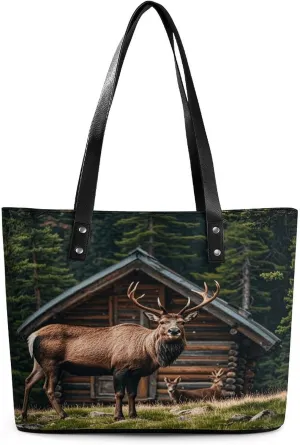 Leather Lady's Handbag Mountain Cabin Moose Print Leather Tote Bags For Women Trendy Ladies Shoulder Bag for Work, Travel, Casual Use