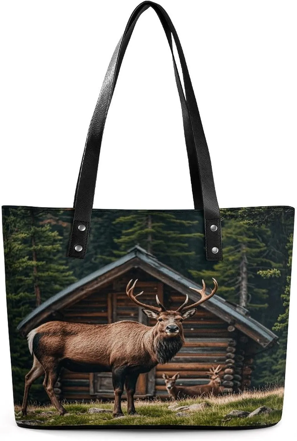 Leather Lady's Handbag Mountain Cabin Moose Print Leather Tote Bags For Women Trendy Ladies Shoulder Bag for Work, Travel, Casual Use