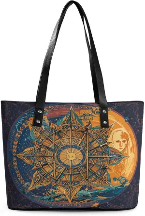 Leather Lady's Handbag Mystic Tarot Card Sun And Moon Face Print Leather Tote Bags For Women Trendy Ladies Shoulder Bag for Work, Travel, Casual Use