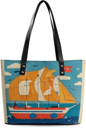 Leather Lady's Handbag Nautical Elements Print Leather Tote Bags For Women Trendy Ladies Shoulder Bag for Work, Travel, Casual Use