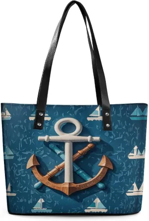 Leather Lady's Handbag Navy Anchor Pattern Print Leather Tote Bags For Women Trendy Ladies Shoulder Bag for Work, Travel, Casual Use