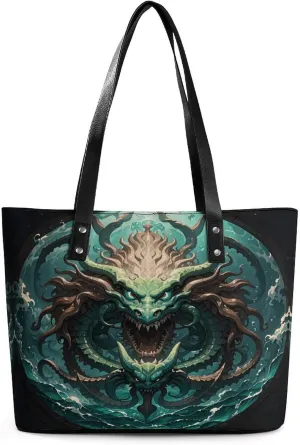 Leather Lady's Handbag Nordic Sea Monster Kraken with Special Effects Mythological Totem Print Leather Tote Bags For Women Trendy Ladies Shoulder Bag for Work, Travel, Casual Use