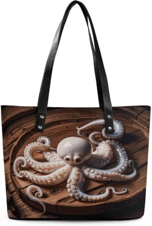 Leather Lady's Handbag Octopus Carving Print Leather Tote Bags For Women Trendy Ladies Shoulder Bag for Work, Travel, Casual Use