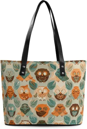 Leather Lady's Handbag Owl Pattern with Leaves Print Leather Tote Bags For Women Trendy Ladies Shoulder Bag for Work, Travel, Casual Use