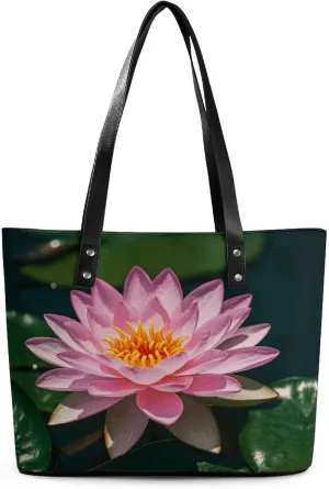 Leather Lady's Handbag Pink Water Lily Print Leather Tote Bags For Women Trendy Ladies Shoulder Bag for Work, Travel, Casual Use