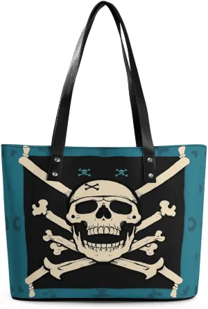 Leather Lady's Handbag Pirate Flag Skull Print Leather Tote Bags For Women Trendy Ladies Shoulder Bag for Work, Travel, Casual Use