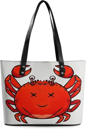 Leather Lady's Handbag Red Crab Print Leather Tote Bags For Women Trendy Ladies Shoulder Bag for Work, Travel, Casual Use