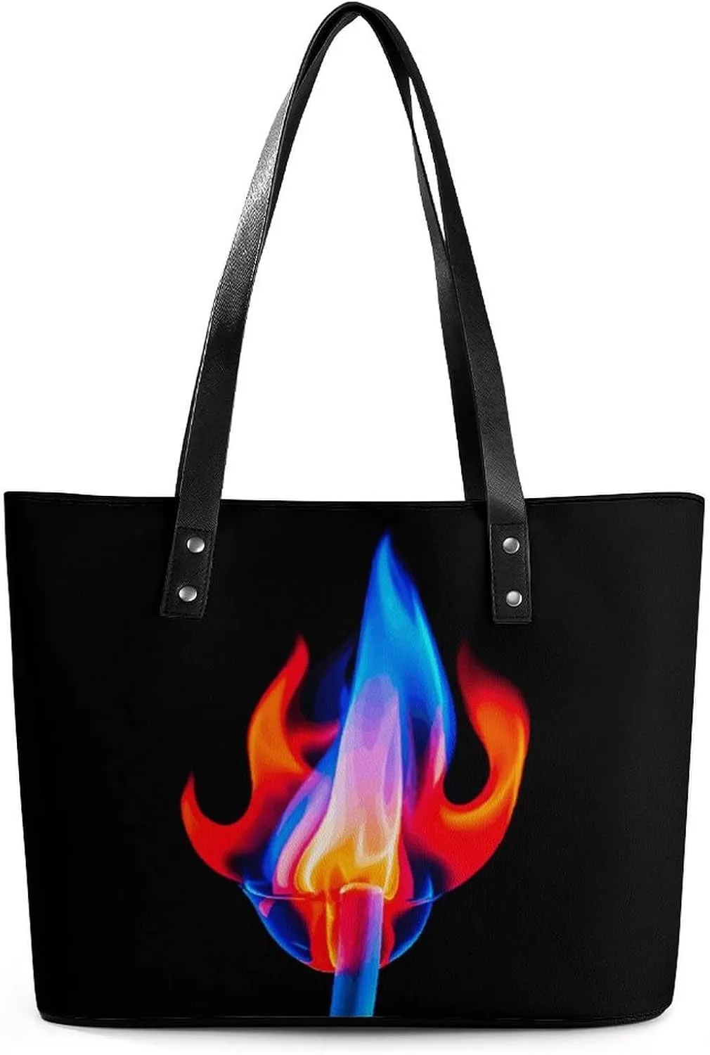 Leather Lady's Handbag Red Flame And Blue Water Print Leather Tote Bags For Women Trendy Ladies Shoulder Bag for Work, Travel, Casual Use