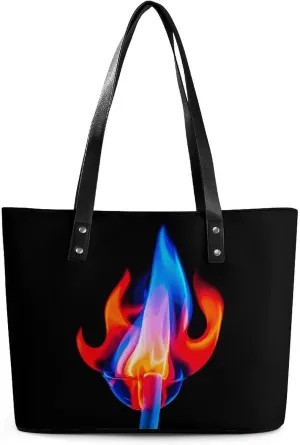 Leather Lady's Handbag Red Flame And Blue Water Print Leather Tote Bags For Women Trendy Ladies Shoulder Bag for Work, Travel, Casual Use