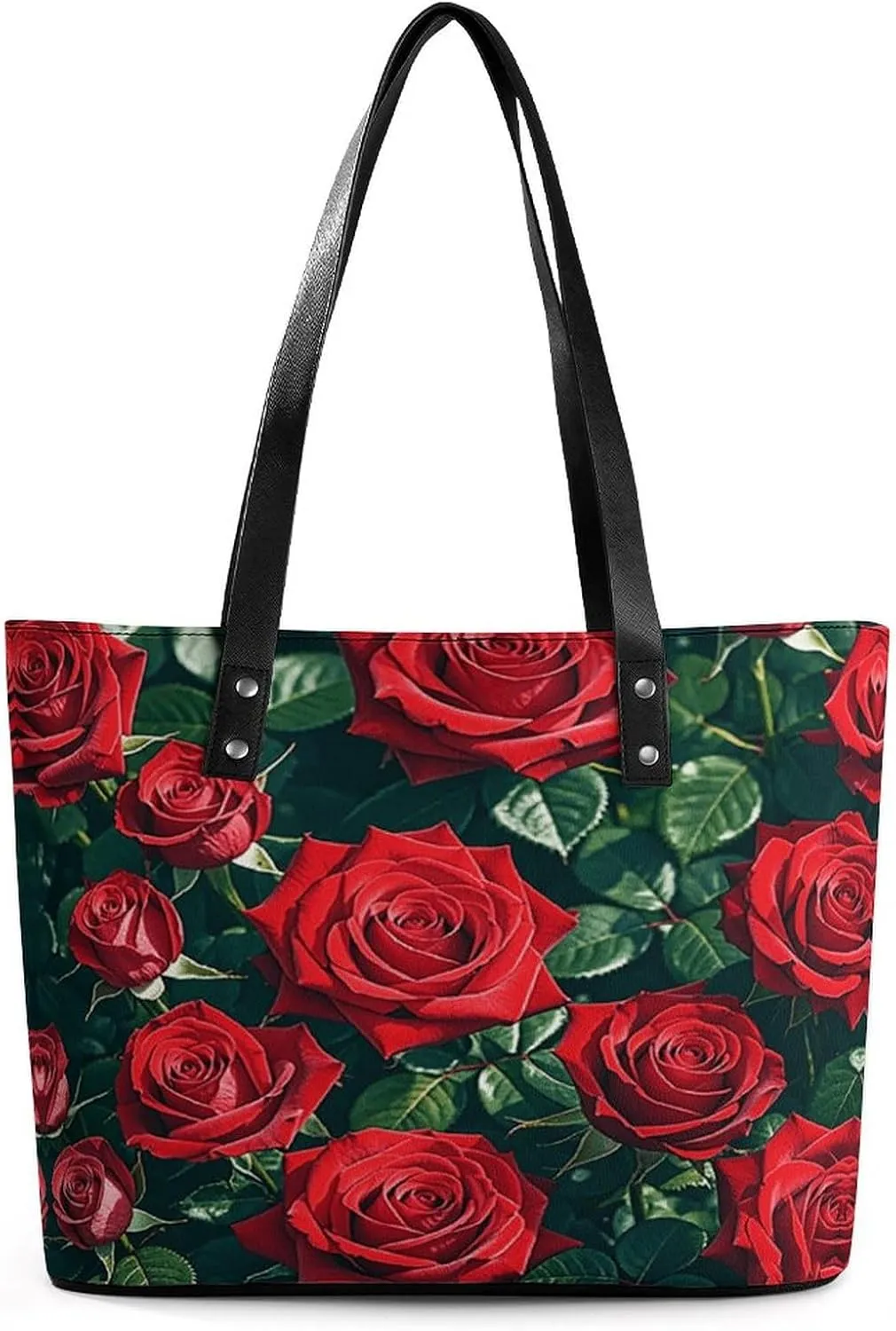 Leather Lady's Handbag Red Rose Romantic Print Leather Tote Bags For Women Trendy Ladies Shoulder Bag for Work, Travel, Casual Use