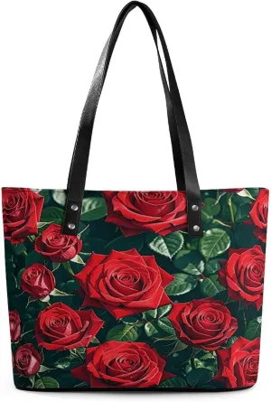 Leather Lady's Handbag Red Rose Romantic Print Leather Tote Bags For Women Trendy Ladies Shoulder Bag for Work, Travel, Casual Use