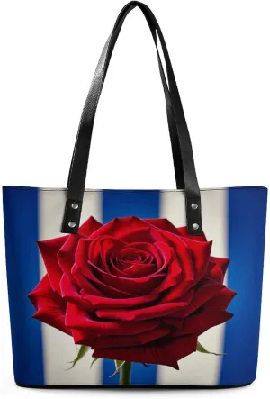 Leather Lady's Handbag Red Roses Print Leather Tote Bags For Women Trendy Ladies Shoulder Bag for Work, Travel, Casual Use