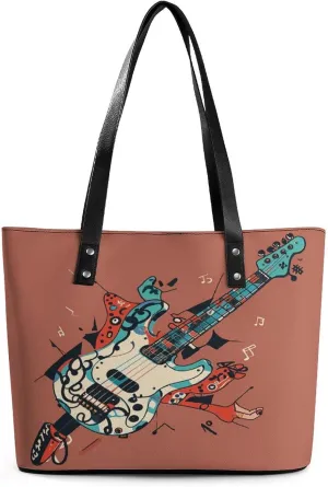 Leather Lady's Handbag Rock Instrumental Print Leather Tote Bags For Women Trendy Ladies Shoulder Bag for Work, Travel, Casual Use