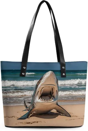 Leather Lady's Handbag Sharks And Beaches Print Leather Tote Bags For Women Trendy Ladies Shoulder Bag for Work, Travel, Casual Use