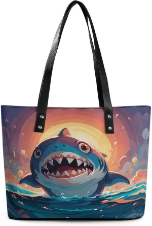 Leather Lady's Handbag Sharks Print Leather Tote Bags For Women Trendy Ladies Shoulder Bag for Work, Travel, Casual Use