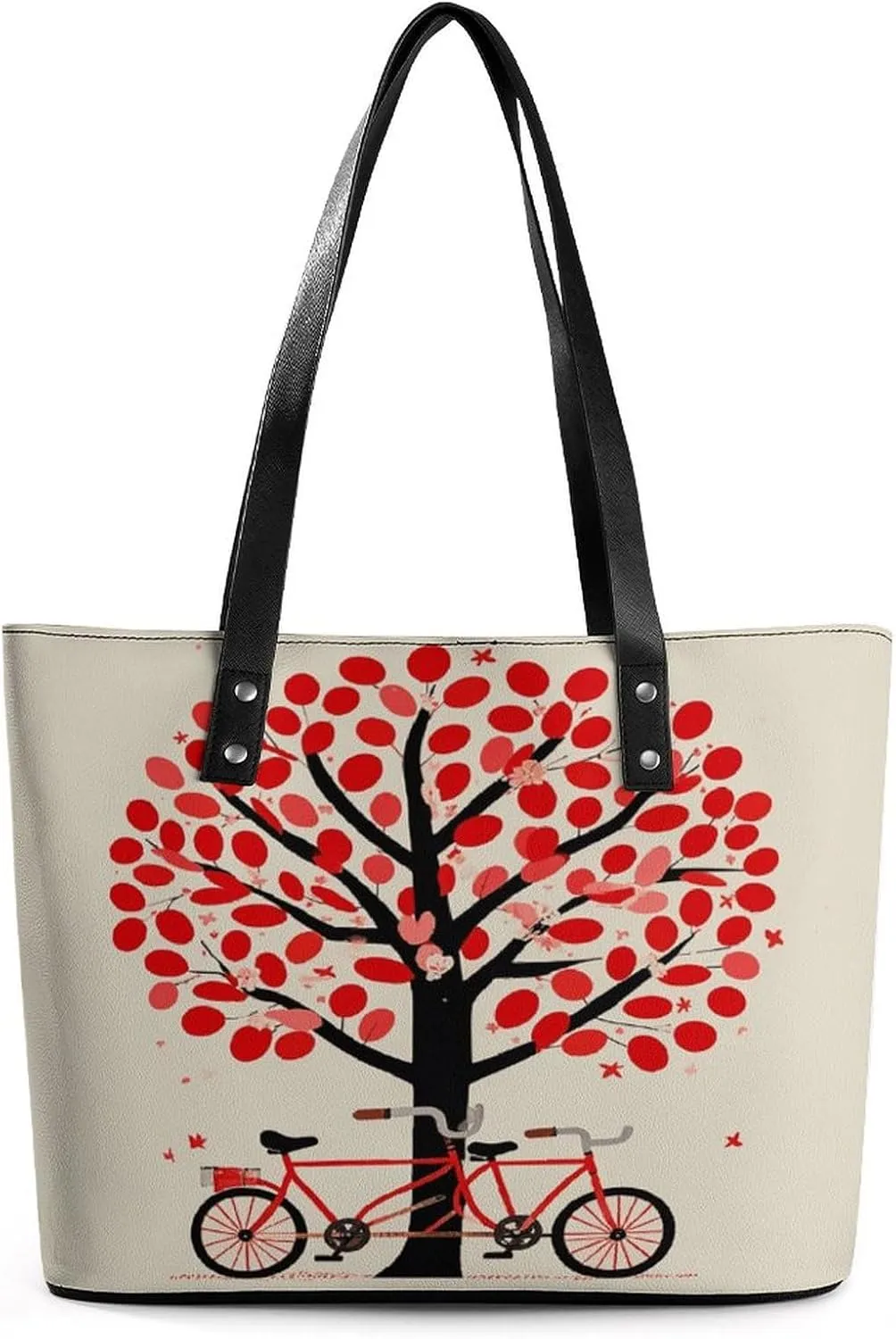 Leather Lady's Handbag Tree And Bicycle Print Leather Tote Bags For Women Trendy Ladies Shoulder Bag for Work, Travel, Casual Use
