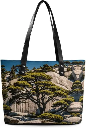 Leather Lady's Handbag Trees And Rocks Print Leather Tote Bags For Women Trendy Ladies Shoulder Bag for Work, Travel, Casual Use