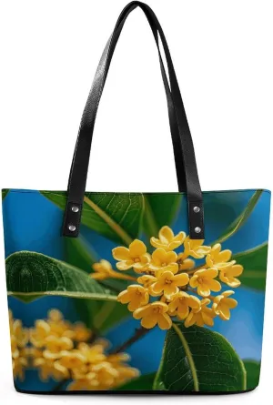 Leather Lady's Handbag Yellow Osmanthus Flowers Print Leather Tote Bags For Women Trendy Ladies Shoulder Bag for Work, Travel, Casual Use
