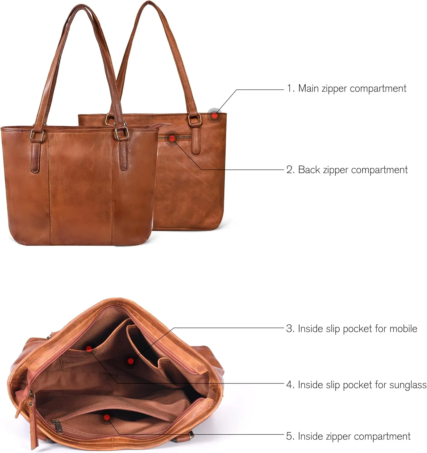 Leather Purse For Women - Real Leather Tote For Women - Ladies Shoulder Handbag For Work, Travel, Casual Use