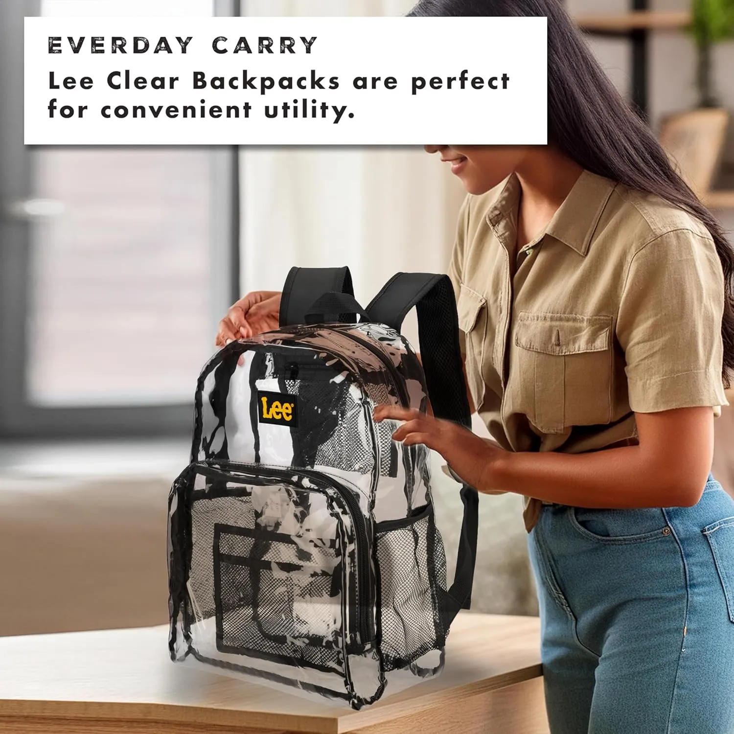 Lee Clear Water Resistant Durable Backpack - Plastic See Thru Bag for Casual Use, Stadiums, Concerts (Clear Black)