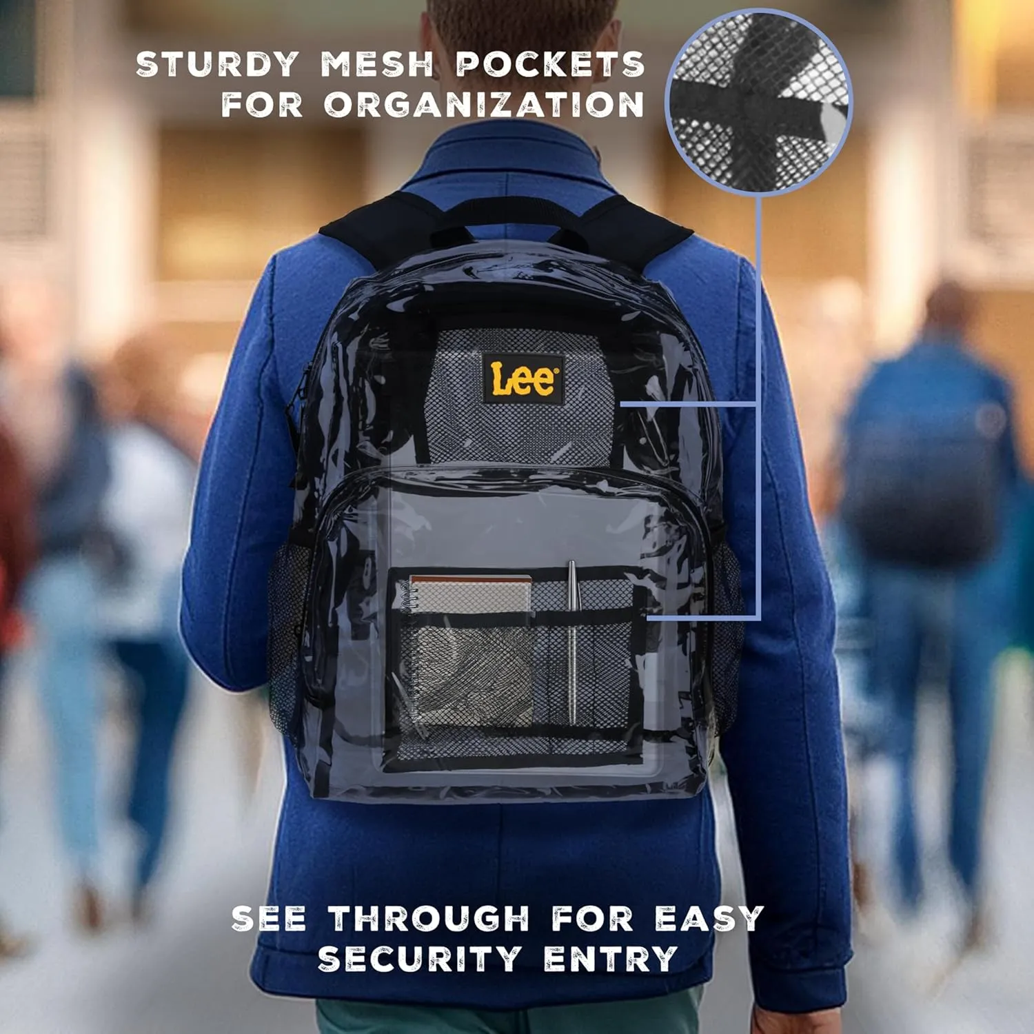 Lee Clear Water Resistant Durable Backpack - Plastic See Thru Bag for Casual Use, Stadiums, Concerts (Clear Black)