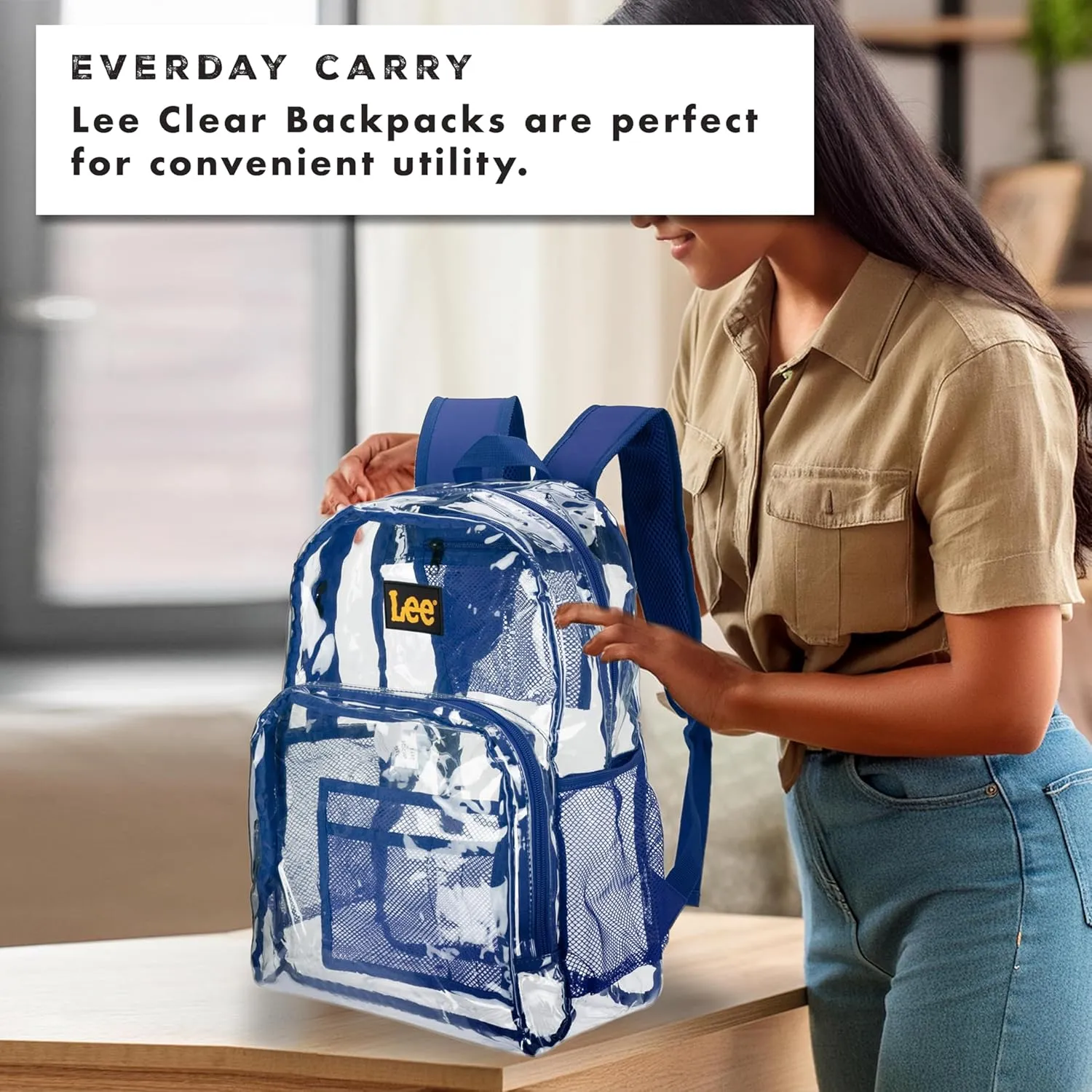 Lee Clear Water Resistant Durable Backpack - Plastic See Thru Bag for Casual Use, Stadiums, Concerts (Clear Blue)