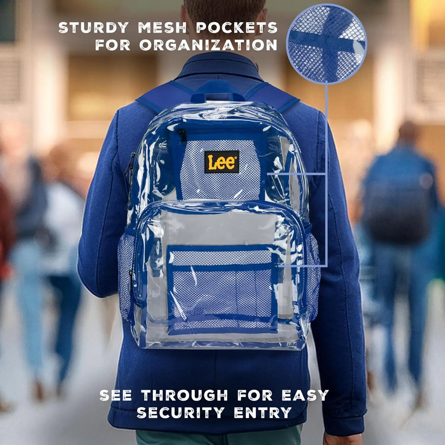 Lee Clear Water Resistant Durable Backpack - Plastic See Thru Bag for Casual Use, Stadiums, Concerts (Clear Blue)