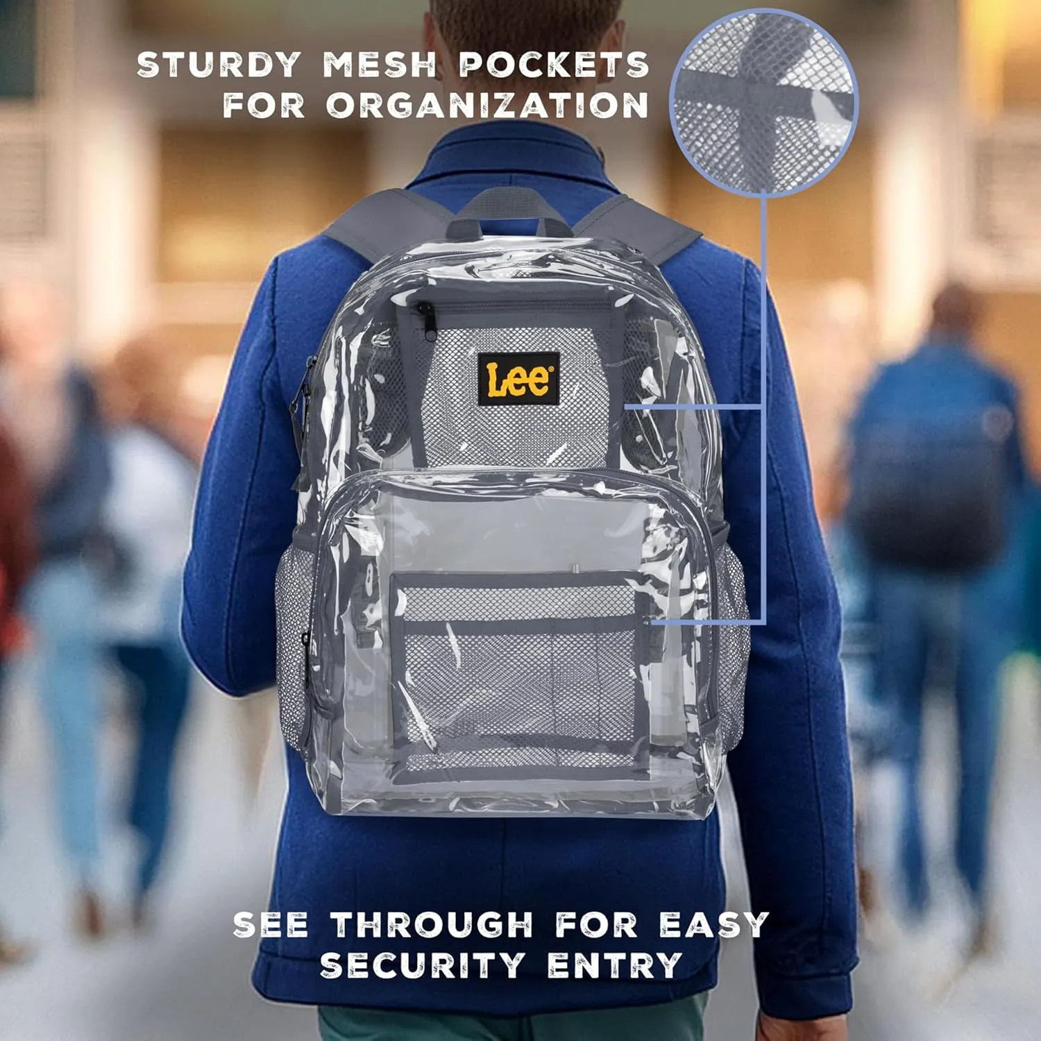 Lee Clear Water Resistant Durable Backpack - Plastic See Thru Bag for Casual Use, Stadiums, Concerts (Clear Grey)