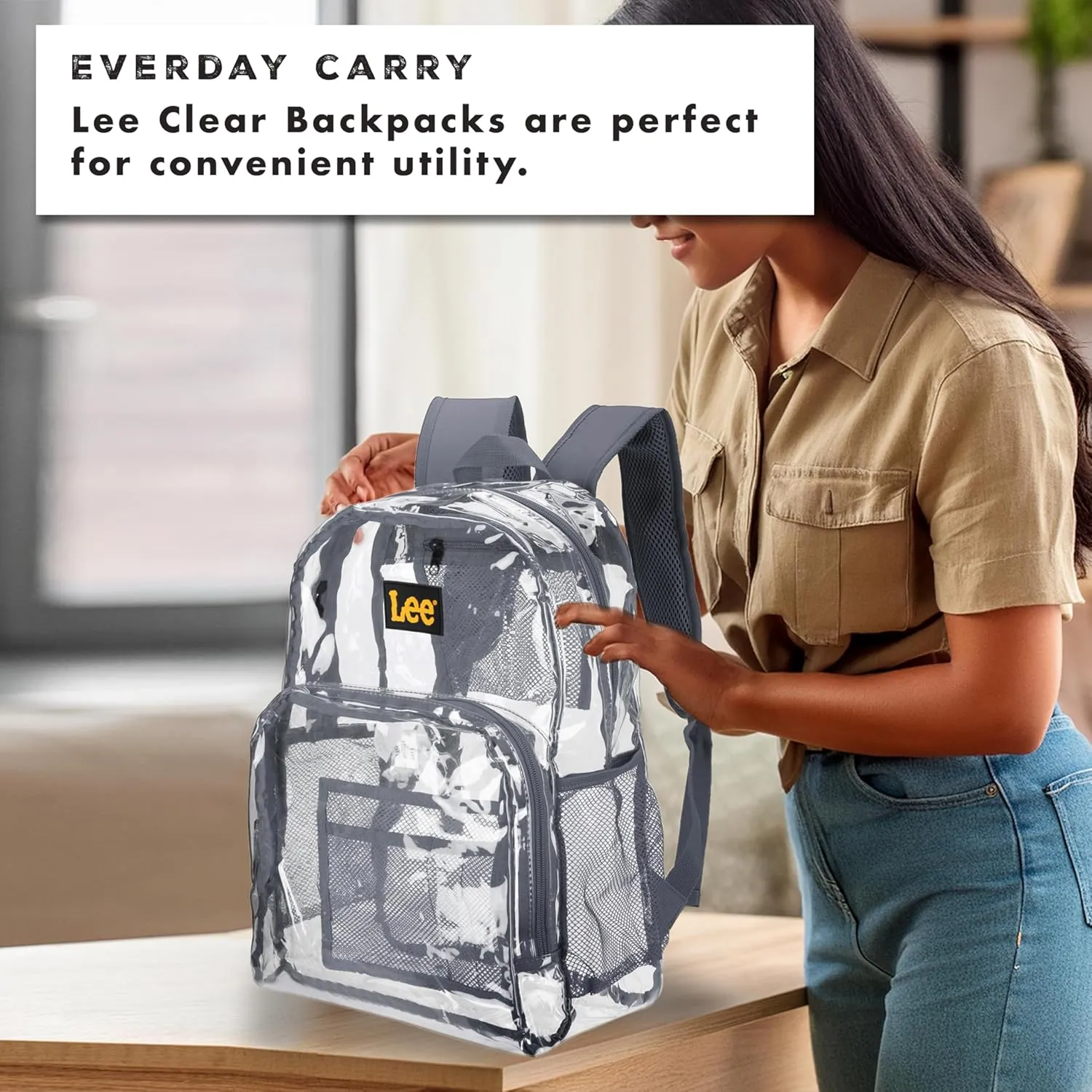 Lee Clear Water Resistant Durable Backpack - Plastic See Thru Bag for Casual Use, Stadiums, Concerts (Clear Grey)