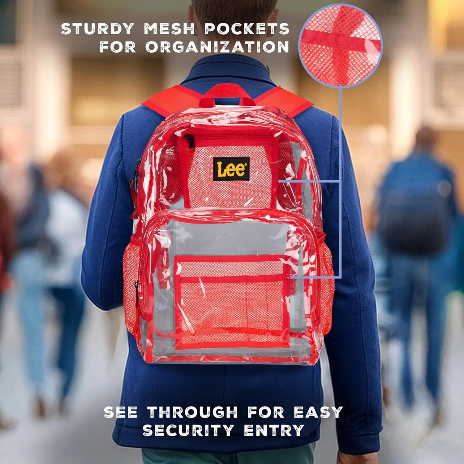 Lee Clear Water Resistant Durable Backpack - Plastic See Thru Bag for Casual Use, Stadiums, Concerts (Clear Red)
